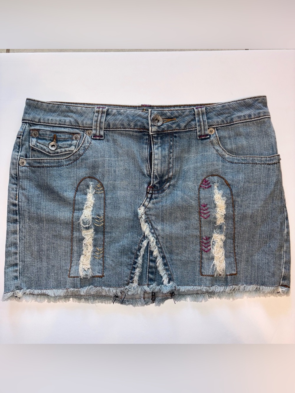 Arizona Jean Company Light Blue Distressed Denim Mini Skirt with Embroidery